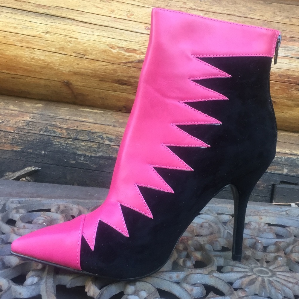 Pink and black suede heeled booties